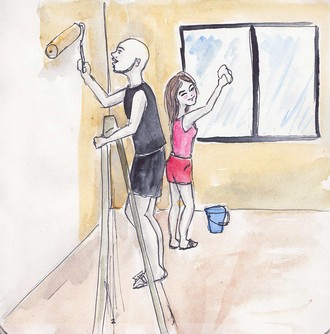 Ante is painting the walls while Aliya is washing the windows