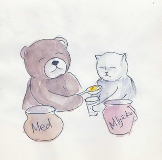 A cat & a bear eating honey & milk